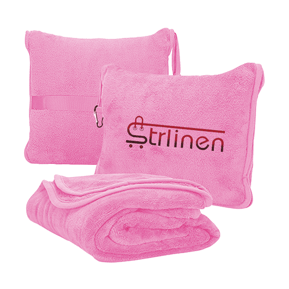 Strlinen Travel Blanket and Pillow - Premium Soft 2 in 1 Airplane Blanket with Soft Bag Pillowcase, Hand Luggage Sleeve and Backpack Clip (Pink)