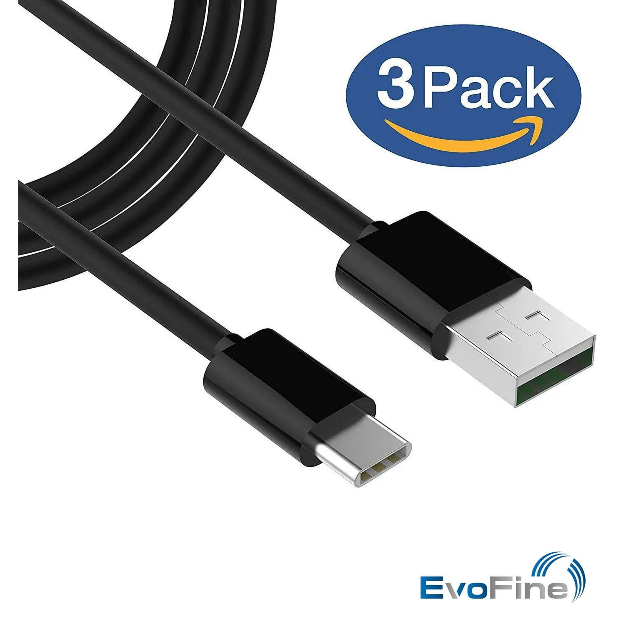 USB Type C Cable 3ft Fast Charging 3A Quick Charger Cord Black, Data Sync Cable, Compatible with Samsung Galaxy, Google Pixel, LG, One Plus and More - 3 Pack