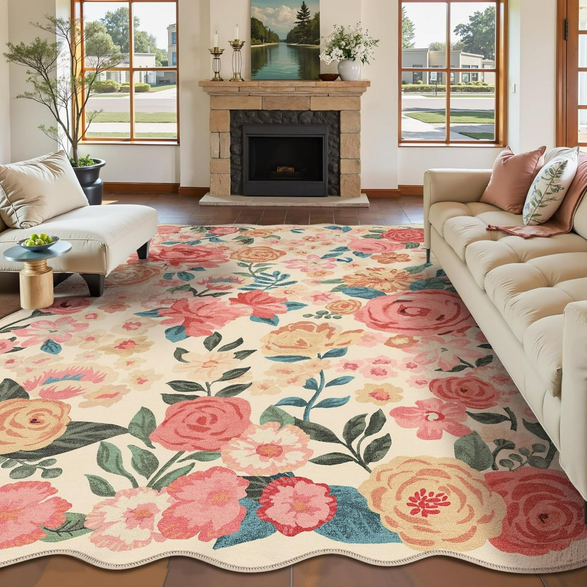 WIPONKEN 8x10 Floral Area Rugs Machine Washable Non-Slip Botanical Scalloped Rug for Living Room Bedroom, Modern Farmhouse Floor Mat with Vintage Flowers Pattern, Home Decor Indoor Low Pile Beige