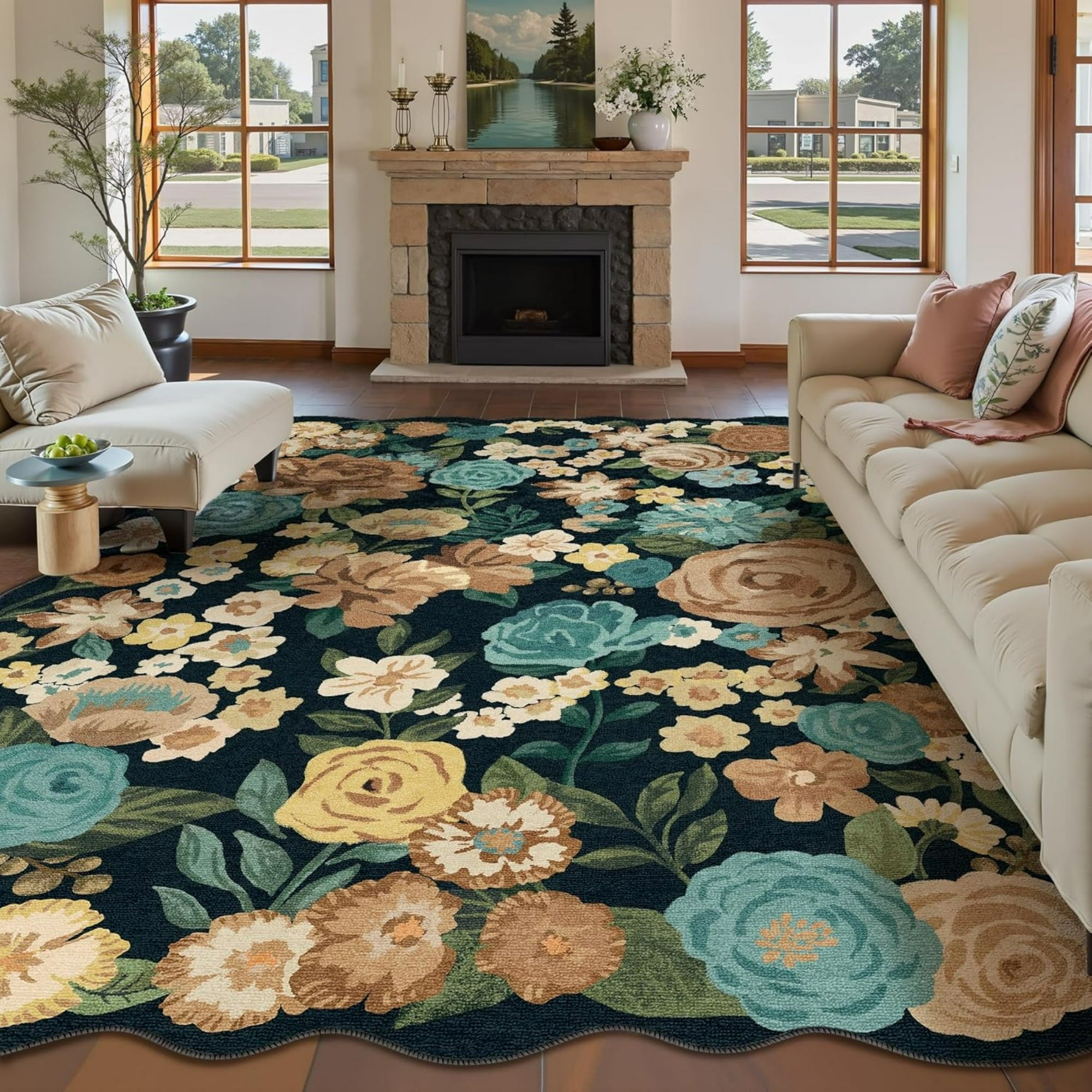 WIPONKEN 8x10 Floral Area Rugs Machine Washable Non-Slip Botanical Scalloped Rug for Living Room Bedroom, Modern Farmhouse Floor Mat with Vintage Flowers Pattern, Home Decor Indoor Low Pile Black