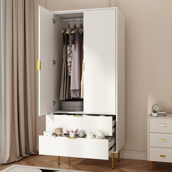 BOMETAO Wood Armoire Wardrobe Closet with 2 Drawers, 70" H x 20" D Modern Freestanding Clothing Storage Cabinet with 2 Doors and Hanging Rod for Bedroom, White