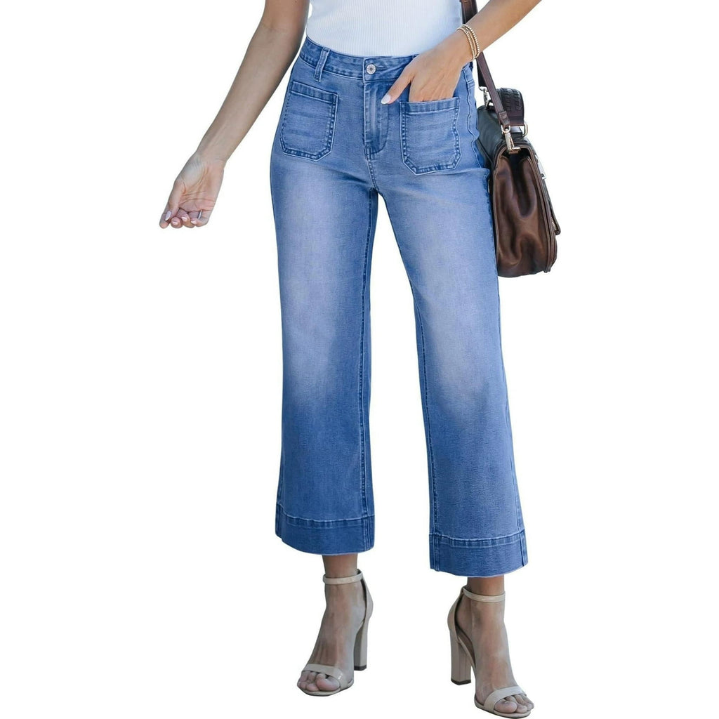 Women's Wide Leg Jeans Denim Pants Crop Flare Leg Jeans High Waisted Stretchy Straight Leg with Buttoned AnklesTrendy Casual with Pocket