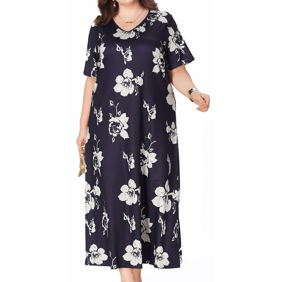 Women's Plus Size Dresses V Neck Short Sleeve Stretch Casual Loose Plus Size Long Maxi Dress Boho