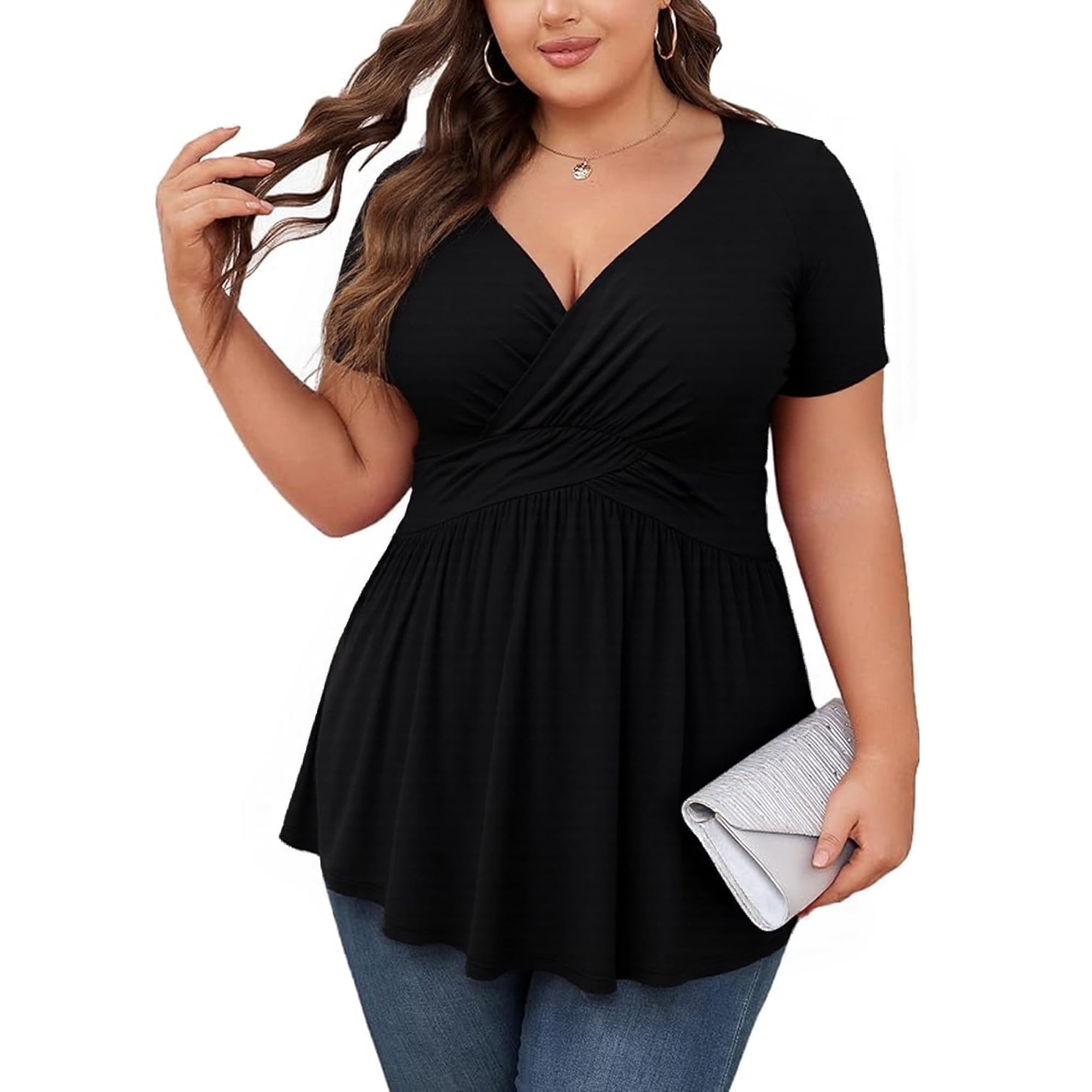 SOMER 2025 Women's Plus Size Tops V Neck Short Sleeve Plus Size Tunic Tops for Women Dressy Wrap Shirts