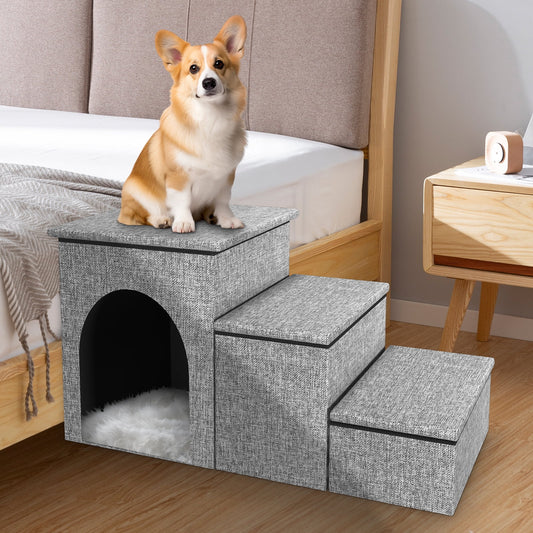 YUWENUS Dog Step Stair, 3-Step Pet Stairs with Storage Boxes, 17" Folding Dog Ramp Ladder for Small Medium Dogs