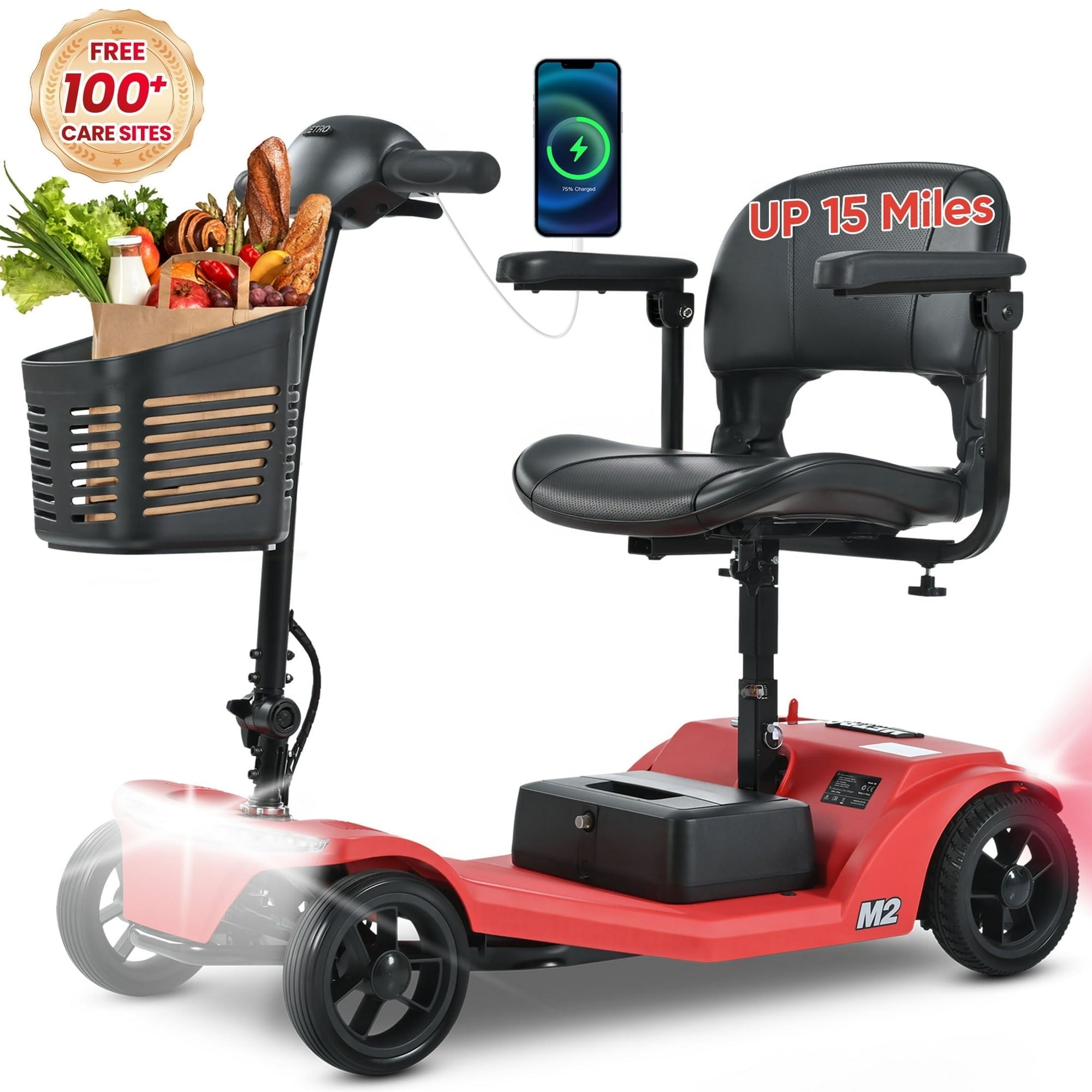 Yardmaster Clearance 4-Wheel Mobility Scooter, 15Miles Foldable Scooter for Seniors and Adults, 12AH Powered Mobile Wheelchair with Removable Battery, Easy Assembly, 350LBS, Red