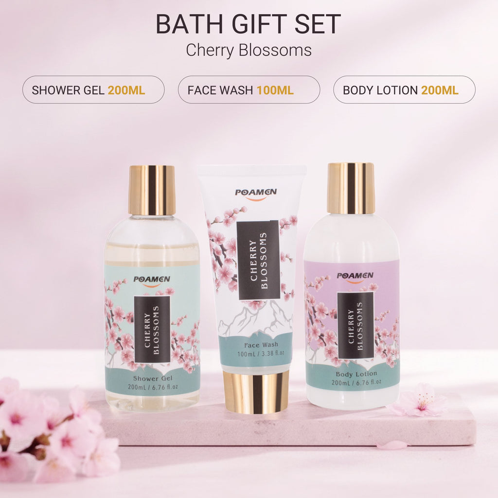 Poamcn Bath and Body Gift Set,Home Spa Gift Set for Women,Japanese Cherry Blossom Scent,3 Piece Set