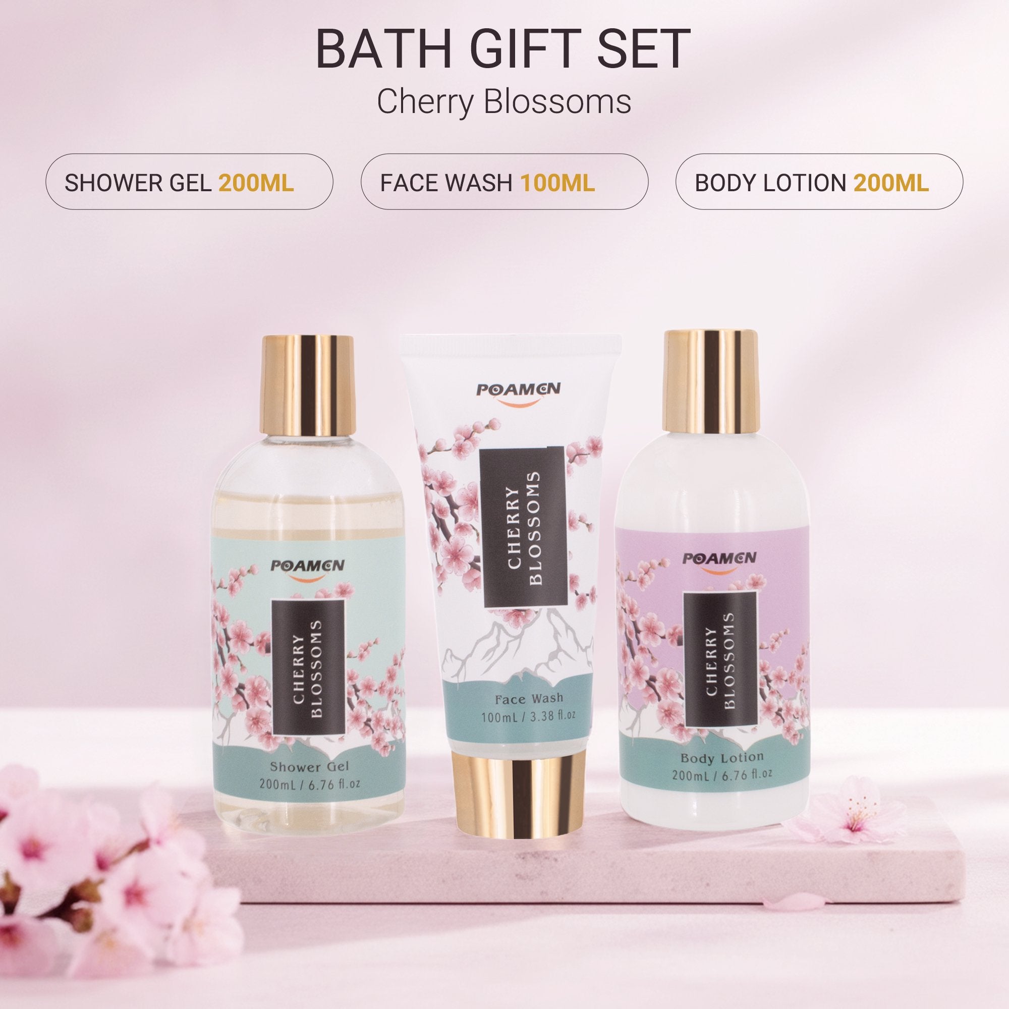 Poamcn Bath and Body Gift Set,Home Spa Gift Set for Women,Japanese Cherry Blossom Scent,3 Piece Set