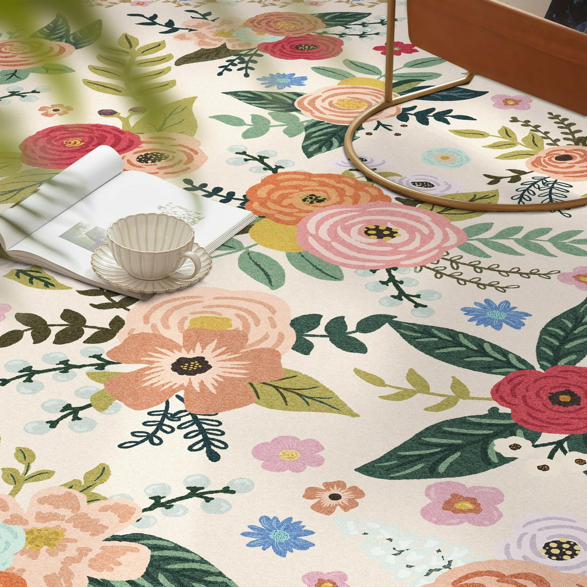 BERTHMEER Large 8'x10' Area Rugs for Living Room Bedroom Office Rugs Vintage Beige Floral Carpets Machine Washable Farmhouse Dining Room Oriental Flower Non Slip Rugs, Multicolor