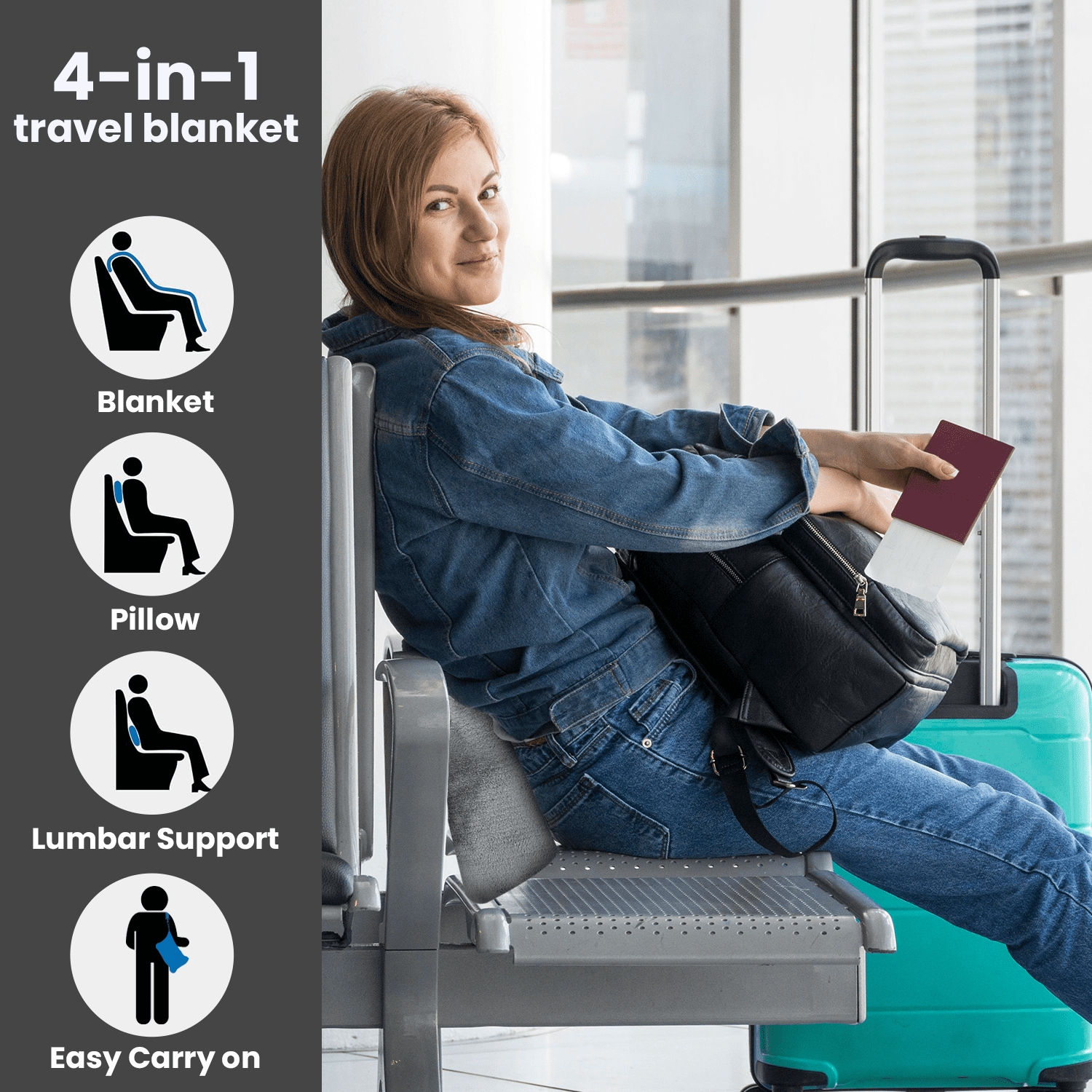 Strlinen Travel Blanket and Pillow - Premium Soft 3 in 1 Airplane Blanket with Soft Bag Pillowcase, Hand Luggage Sleeve and Backpack Clip (Grey)