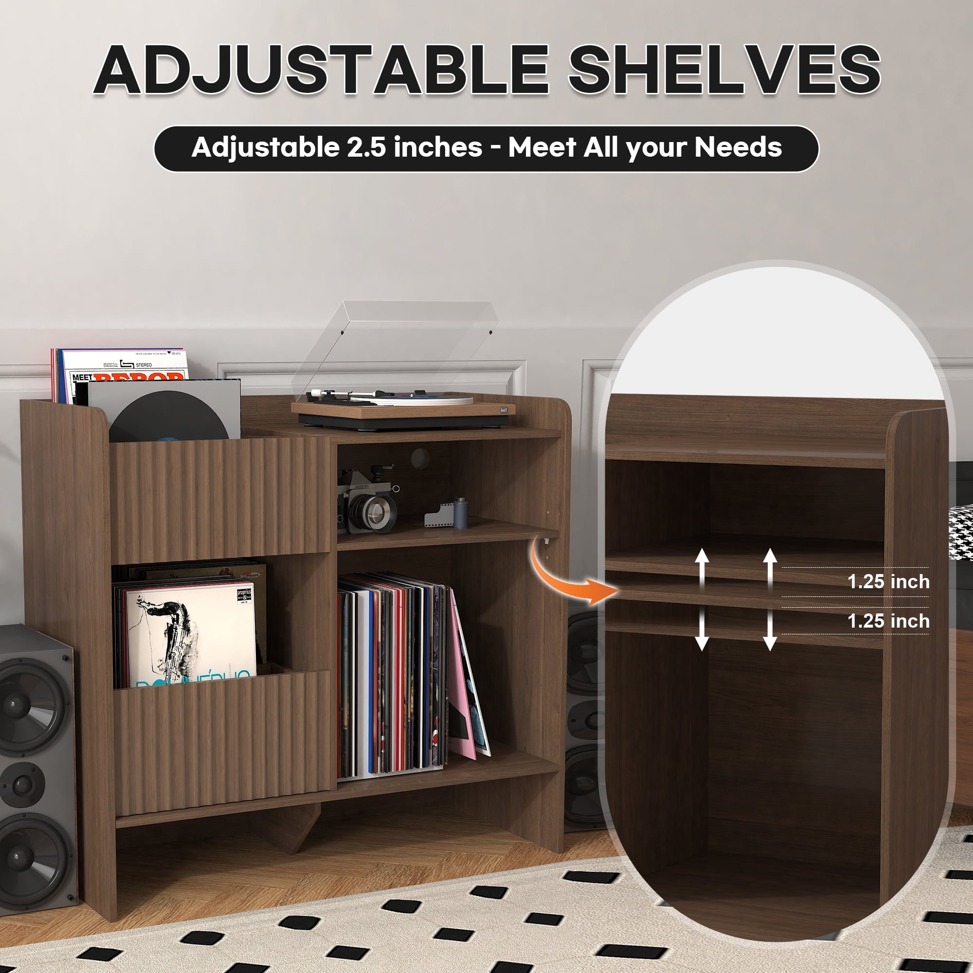 BOMETAO Record Player Stand, Turntable Stand with Record Storage for Vinyl Up to 350 Albums,Record Stand with Drawers for Living Room, Office, Walnut