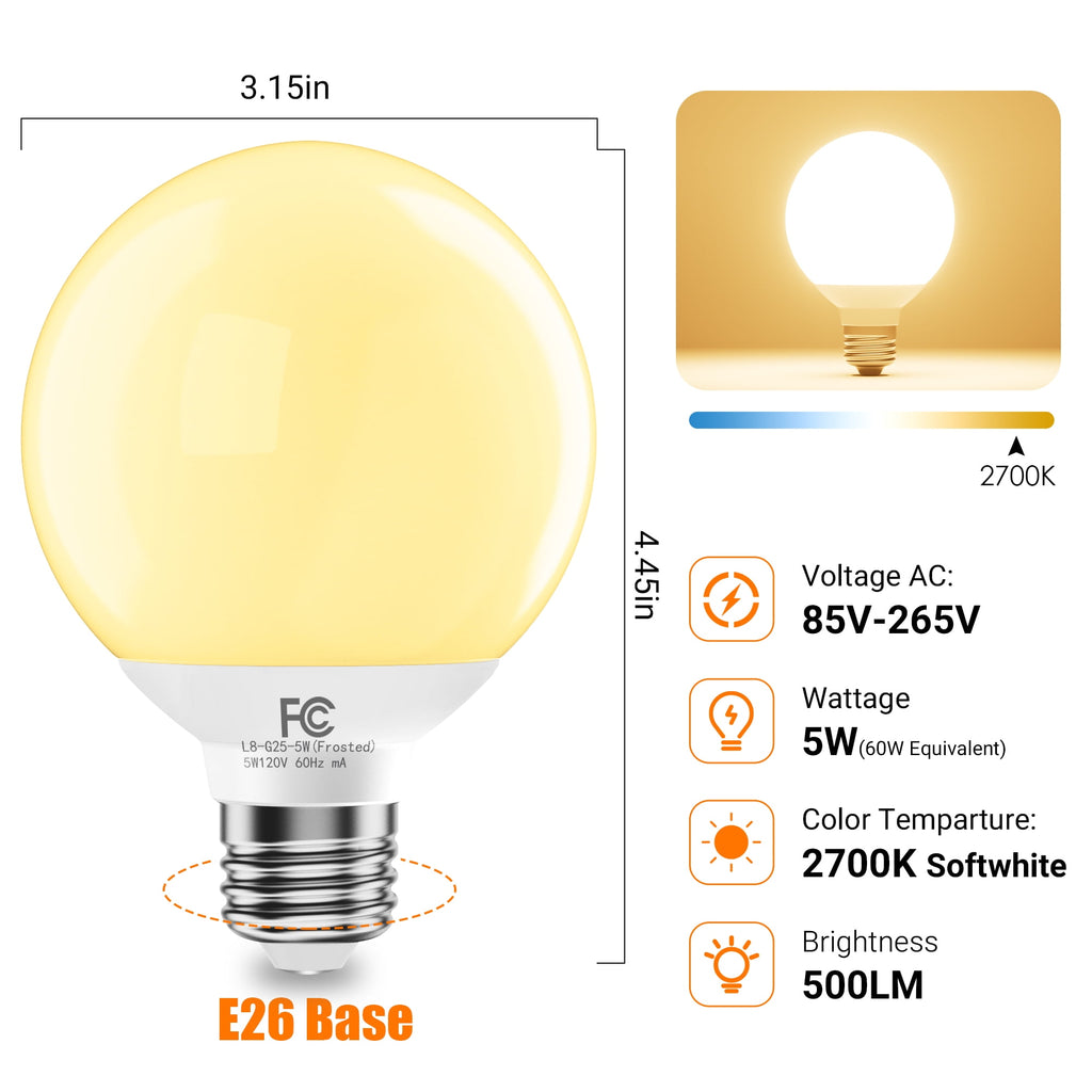 DAYBETTER G25 LED Light Bulbs, Round Light Bulbs , 40W LED Light Bulbs Equivalent, Soft White 2700K, E26 Base, 450LM, Non-Dimmable, 4 pack.