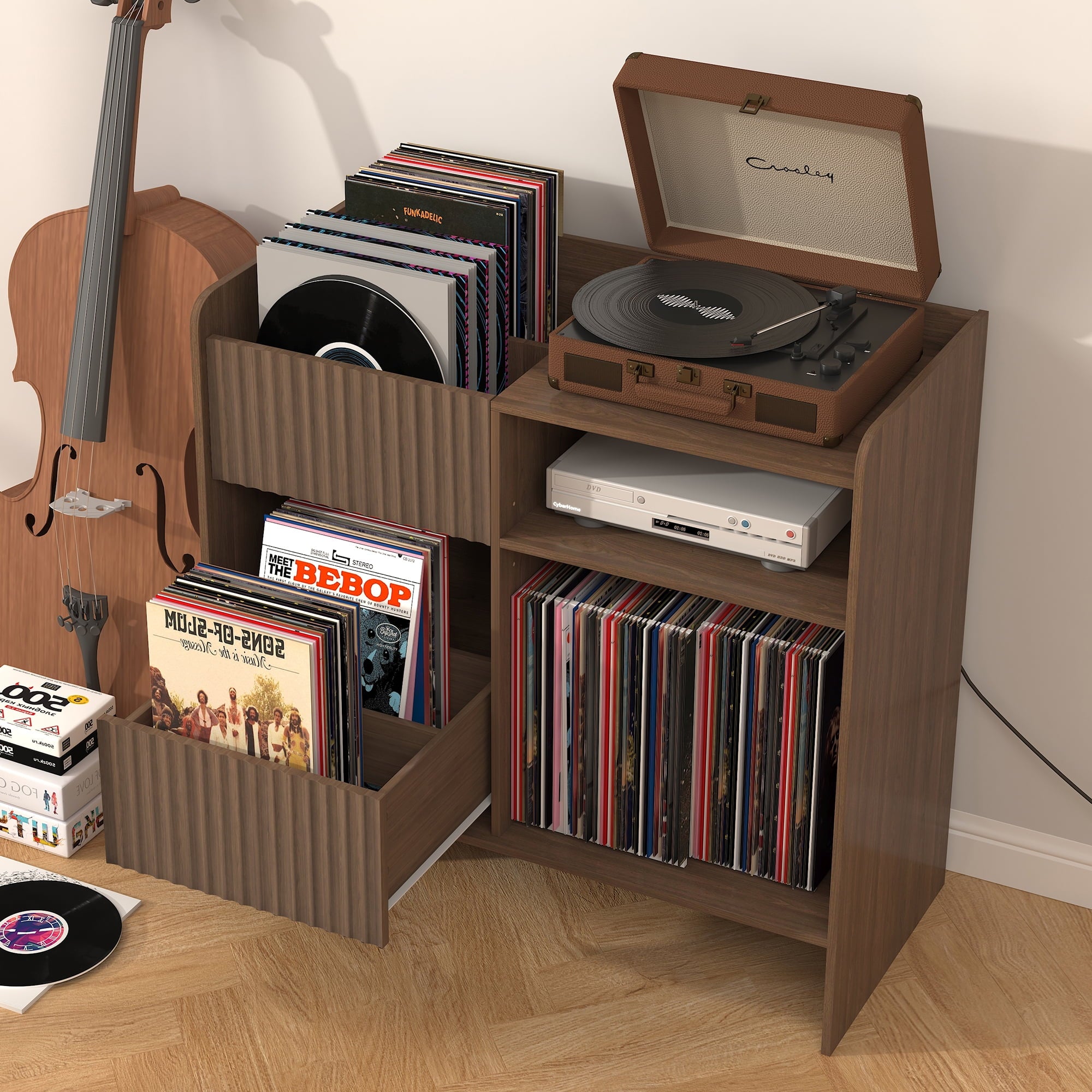 BOMETAO Record Player Stand, Turntable Stand with Record Storage for Vinyl Up to 350 Albums,Record Stand with Drawers for Living Room, Office, Walnut
