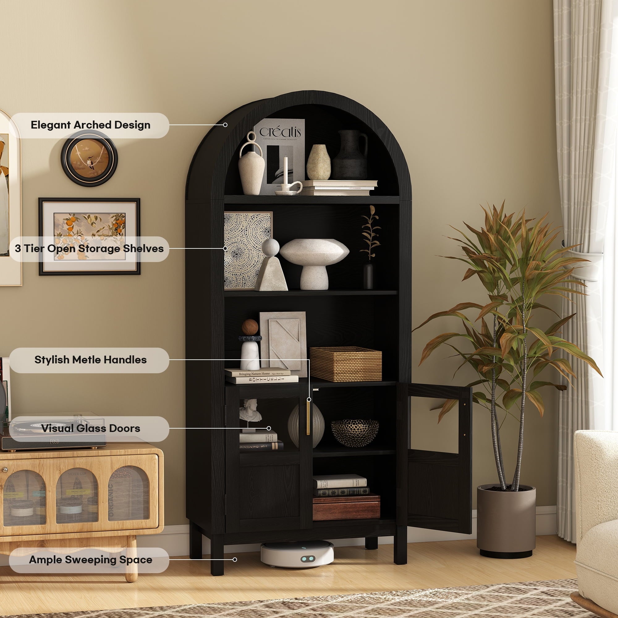 BOMETAO 70" Arched Cabinet with Glass Doors, 5-Tier Storage Bookcase, Tall Display Pantry Storage Cabinet with Adjustable Shelves, for Kitchen, Living Room, Black