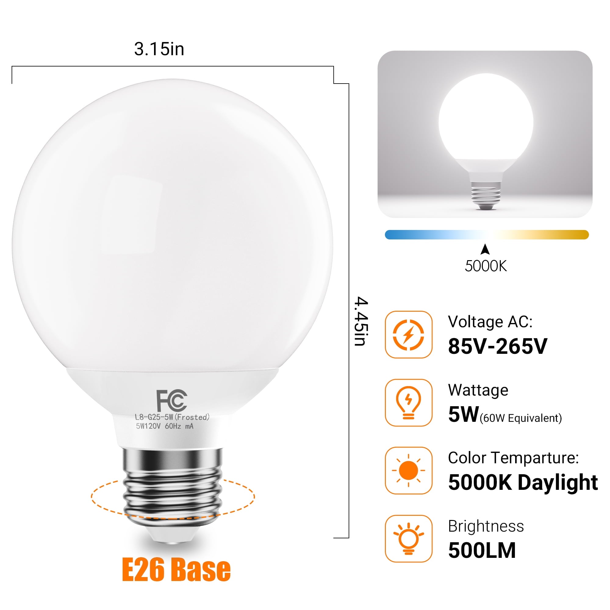 DAYBETTER G25 LED Light Bulbs, Round Light Bulbs , 40W LED Light Bulbs Equivalent, Daylight White 5000K, E26 Base, 450LM, Non-Dimmable, 4 pack.