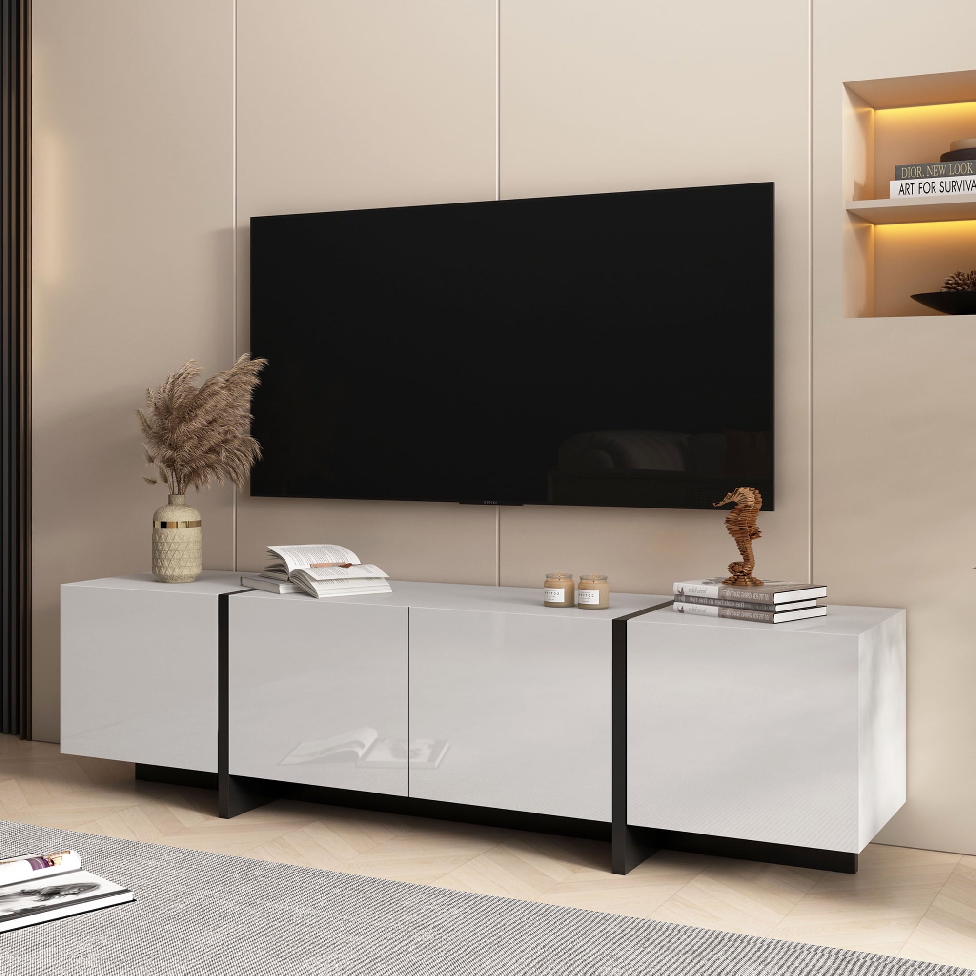 Modern TV Stand for TVs up to 75", BOMETAO High Gloss TV Cabinet wtih Storage Drawers, Television Media Console Table Entertainment Center for Living Room, White
