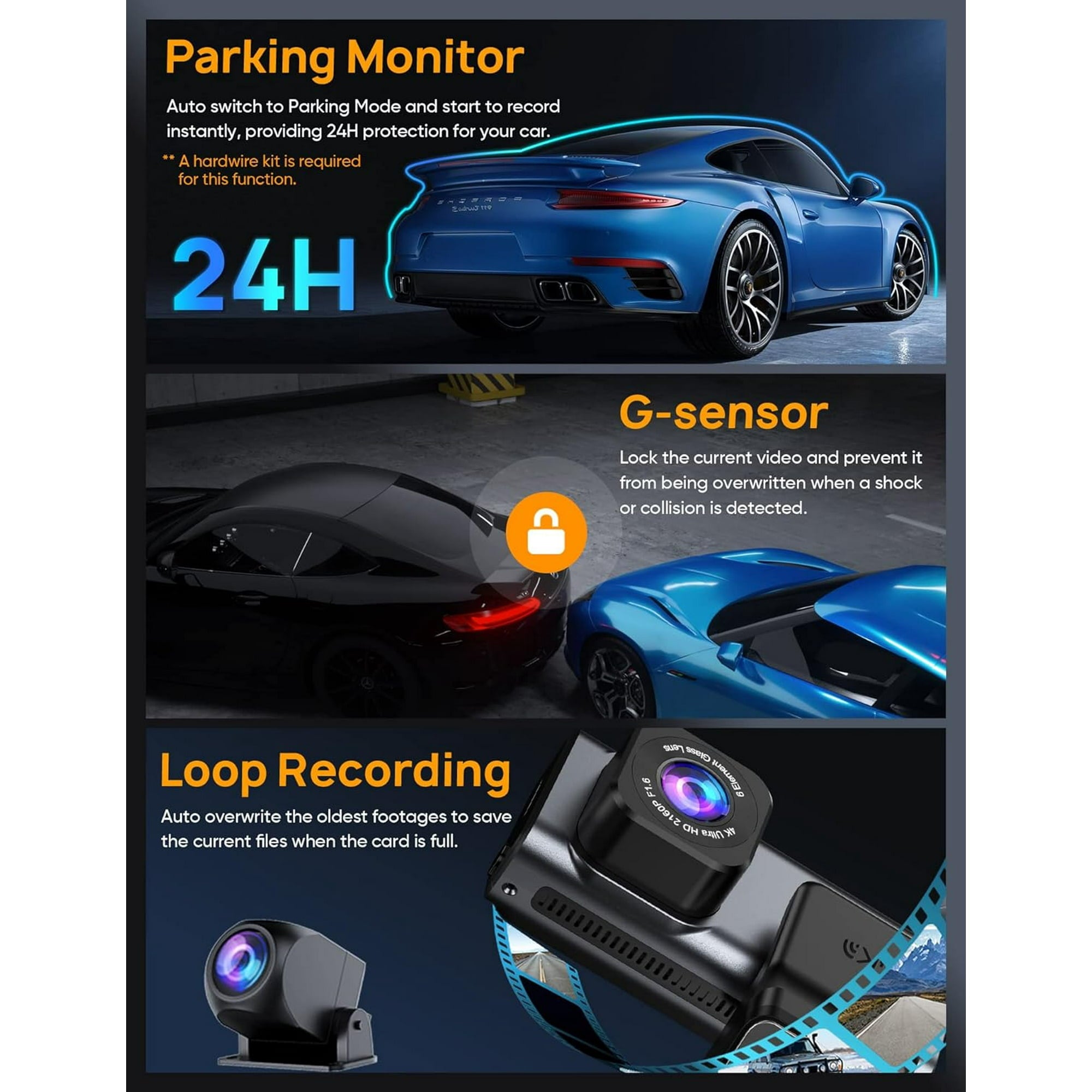 ODREY Dash Cam Front and Rear, 4K+2.5K 5G WiFi & WDR Dash Camera for Car with 64GB Card dashcam, G-Sensor, Super Night Vision, Loop Recording, Parking Mode