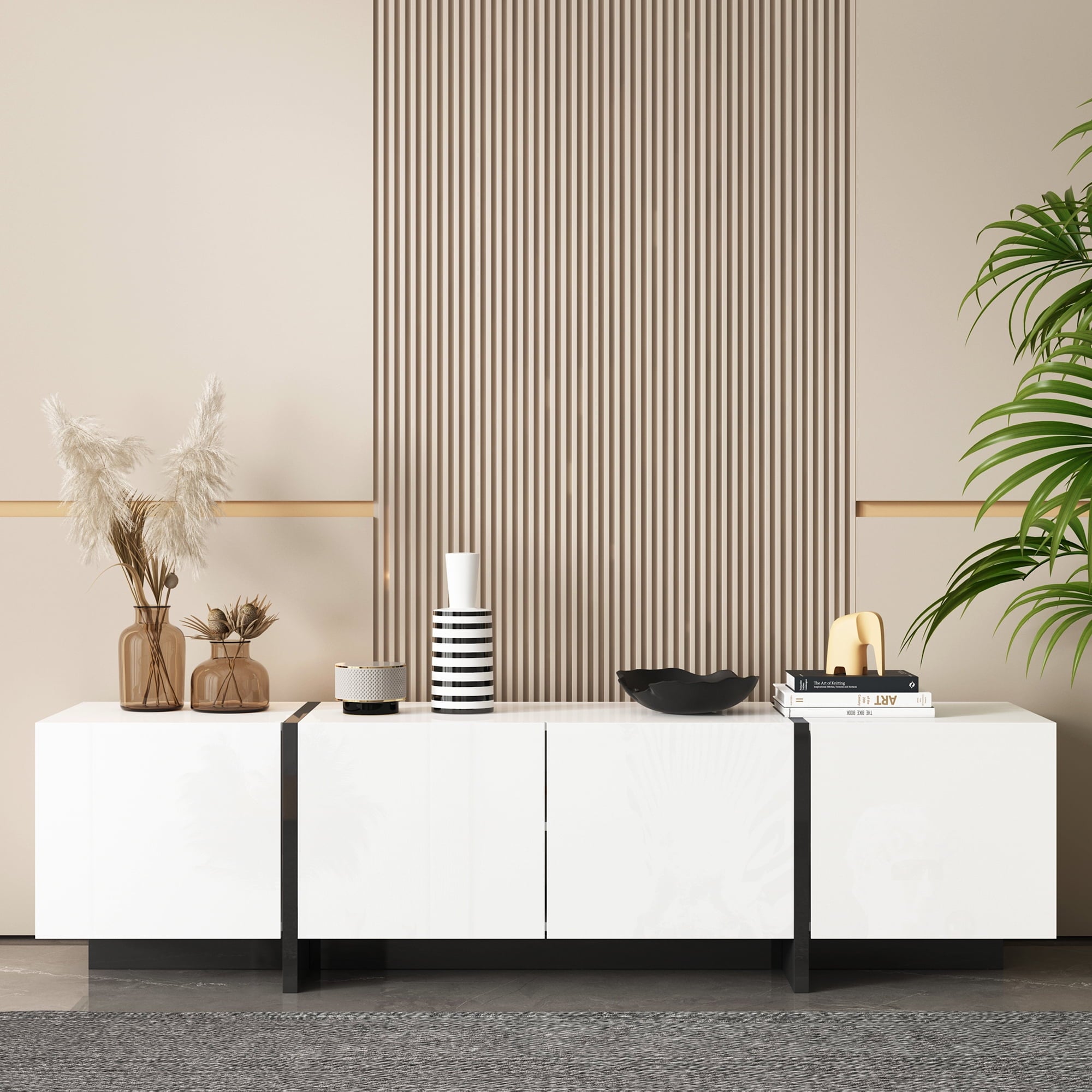 Modern TV Stand for TVs up to 75", BOMETAO High Gloss TV Cabinet wtih Storage Drawers, Television Media Console Table Entertainment Center for Living Room, White