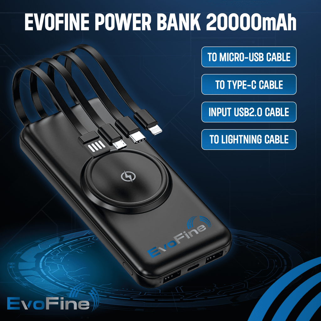 EvoFine Wireless Power Bank, Portable Charger with Built-in 4 Cables, Power Bank 20000mAh Charger