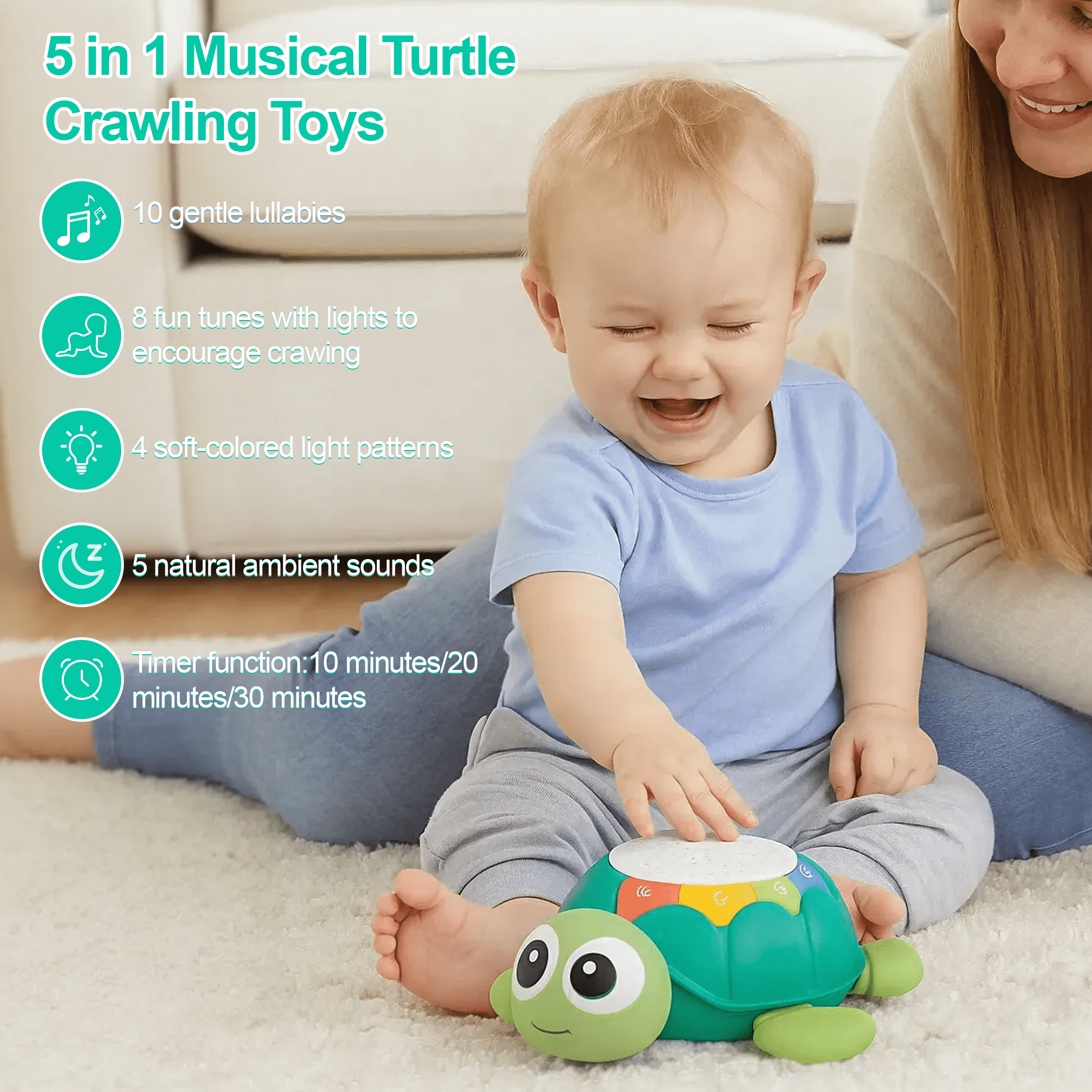 FRESHE Toddler Toys for 1 Year Old Boy Girl Gifts, 5 in 1 Turtle Musical Crawling Toy with Lighting & Music, Baby Sensory Toys for Toddlers 1-3