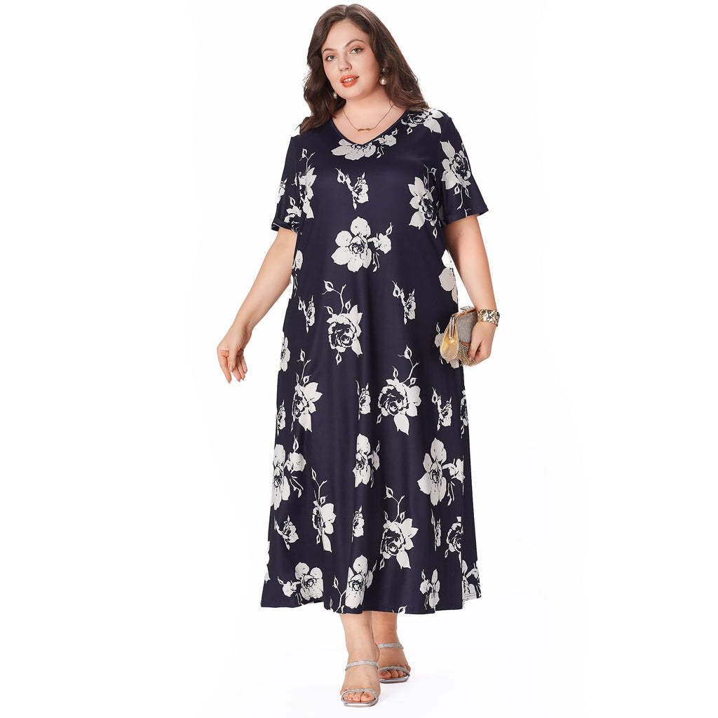 Women's Plus Size Dresses V Neck Short Sleeve Stretch Casual Loose Plus Size Long Maxi Dress Boho