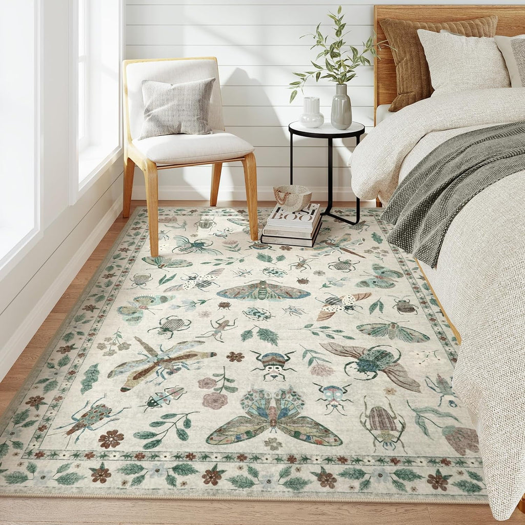 Moynesa 5'x7' Insect Print Washable Area Rugs, Soft Rugs for Living Room Ultra-Thin Non-Shedding Modern Bedroom Rug, Stain Resistant Throw Rug Large Carpet for Dining Room,Beige