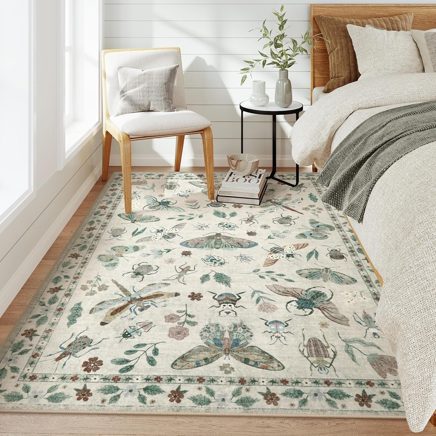 Moynesa 5'x7' Insect Print Washable Area Rugs, Soft Rugs for Living Room Ultra-Thin Non-Shedding Modern Bedroom Rug, Stain Resistant Throw Rug Large Carpet for Dining Room,Beige