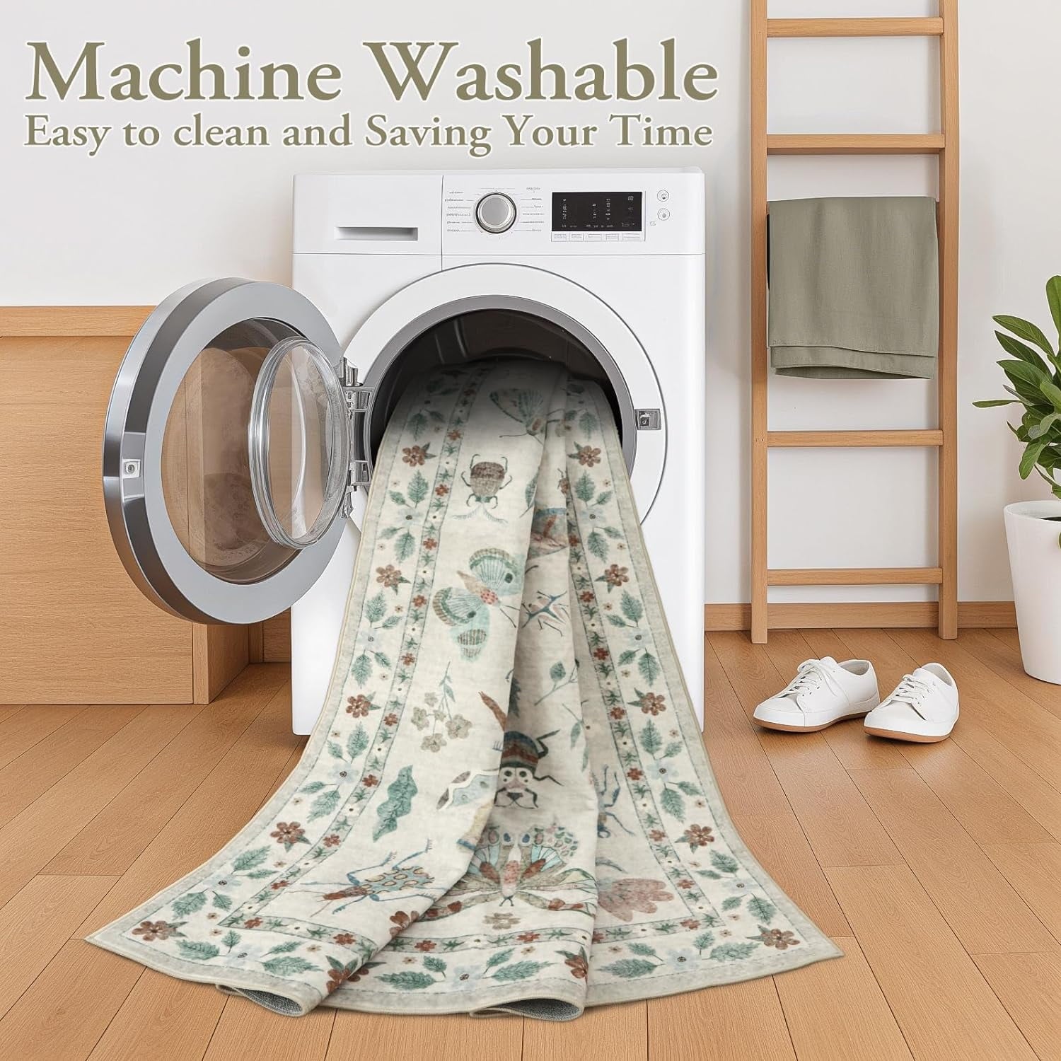 Moynesa 5'x7' Insect Print Washable Area Rugs, Soft Rugs for Living Room Ultra-Thin Non-Shedding Modern Bedroom Rug, Stain Resistant Throw Rug Large Carpet for Dining Room,Beige