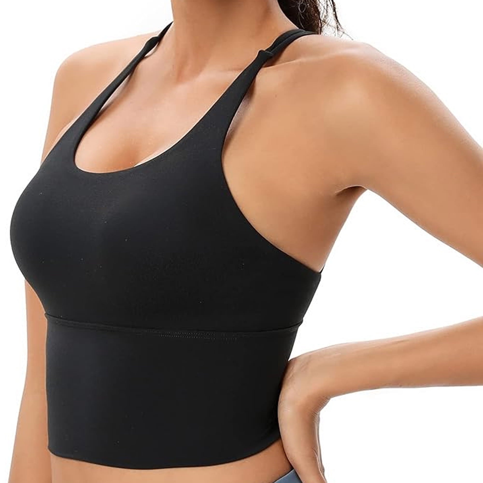 Sports Bra for Women Strappy Medium Support Padded Yoga Crop Tank Top Criss Cross Open Back Removable Cups for Workout Running Black