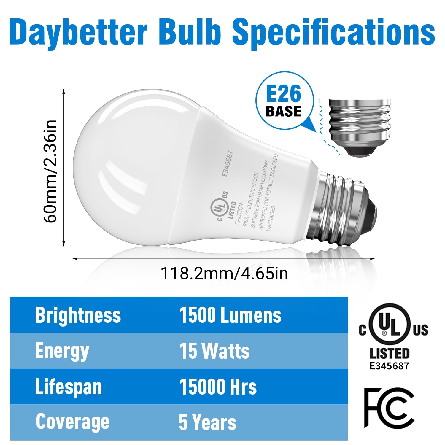 DAYBETTER A19 LED Light Bulbs, 100W Equivalent,5000K Daylight, 15W 1500 Lumens,E26 Standard Base,UL Listed,Lighting for Bedroom Living Room Home Office,4 Pack