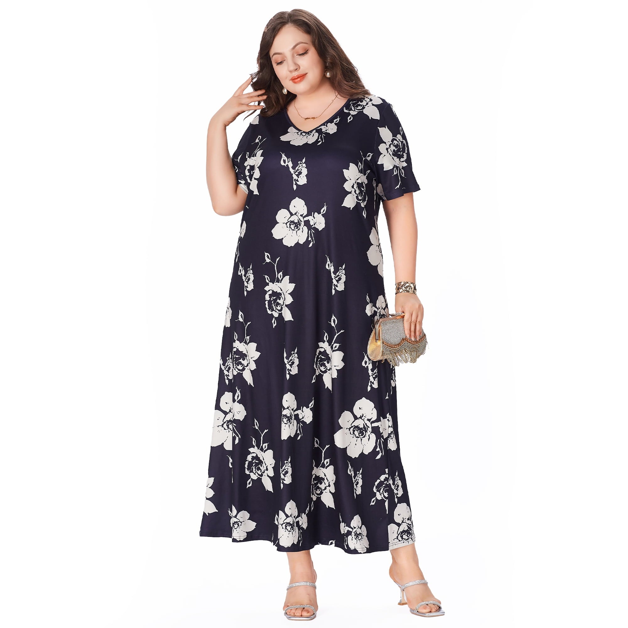 Women's Plus Size Dresses V Neck Short Sleeve Stretch Casual Loose Plus Size Long Maxi Dress Boho